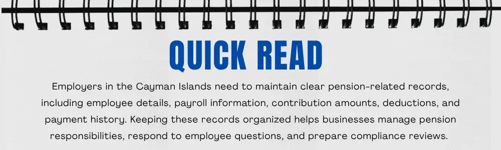 Cayman employer maintaining pension records with employee details, payroll contributions, deductions, and payment history