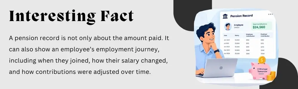 Employee pension history showing salary changes, contribution records, and employment timeline