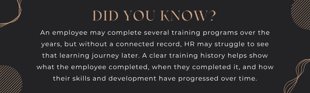 Employee training history showing completed programs, completion dates, skills gained, and development progress over time