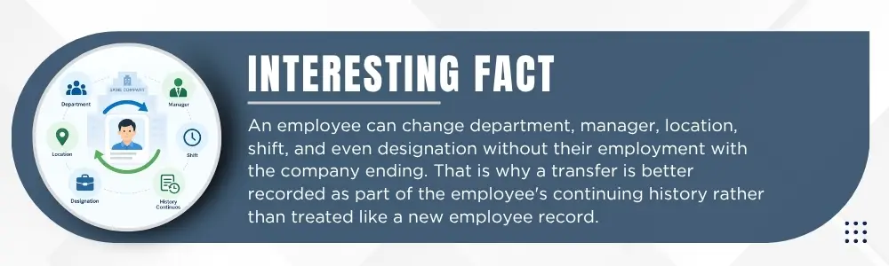 Employee moves to a new department, manager and location while continuing under the same employment history