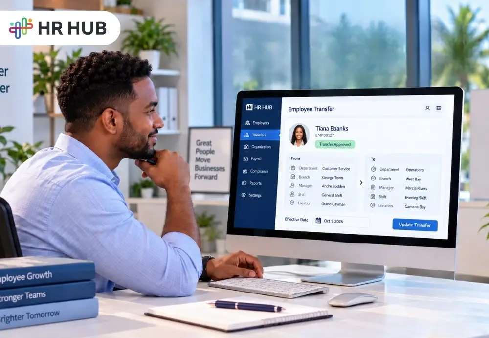 Employee transfer management software for tracking department, manager, location, payroll, and employee history