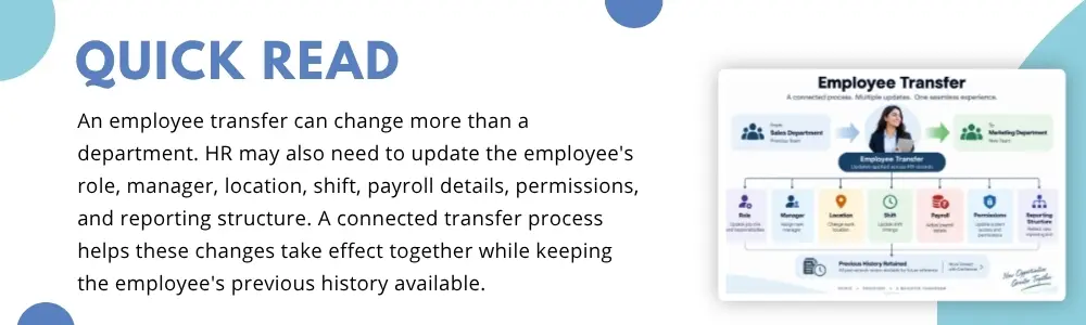 Employee transfer management showing department, role, manager, location, payroll updates, and employee history