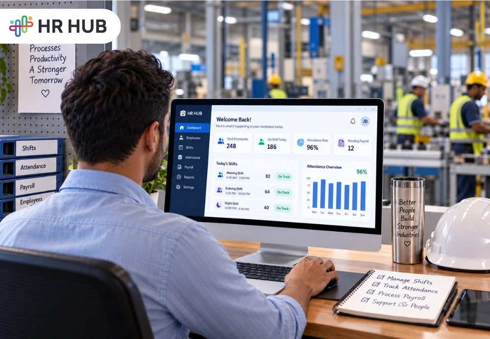Dashboard of HR software for manufacturing companies displaying connected shifts, attendance, and payroll data.