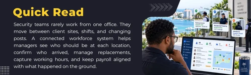 Security manager viewing guard locations, assigned shifts, attendance, replacements and working hours across client sites
