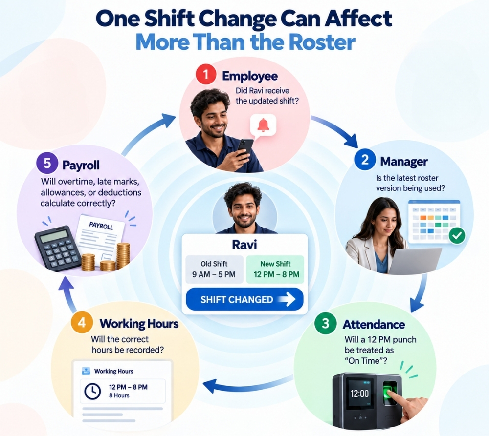One employee shift change affecting communication, attendance, working hours and payroll