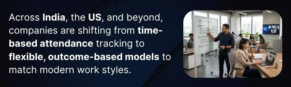 Global shift from time-based attendance to outcome-based work models in HR.