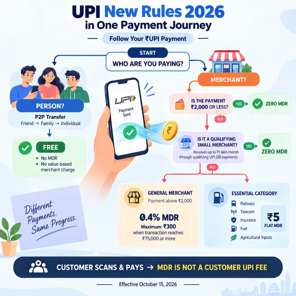 UPI new rules 2026 showing free P2P payments, ₹2,000 threshold, small merchant exemption and new MDR rates