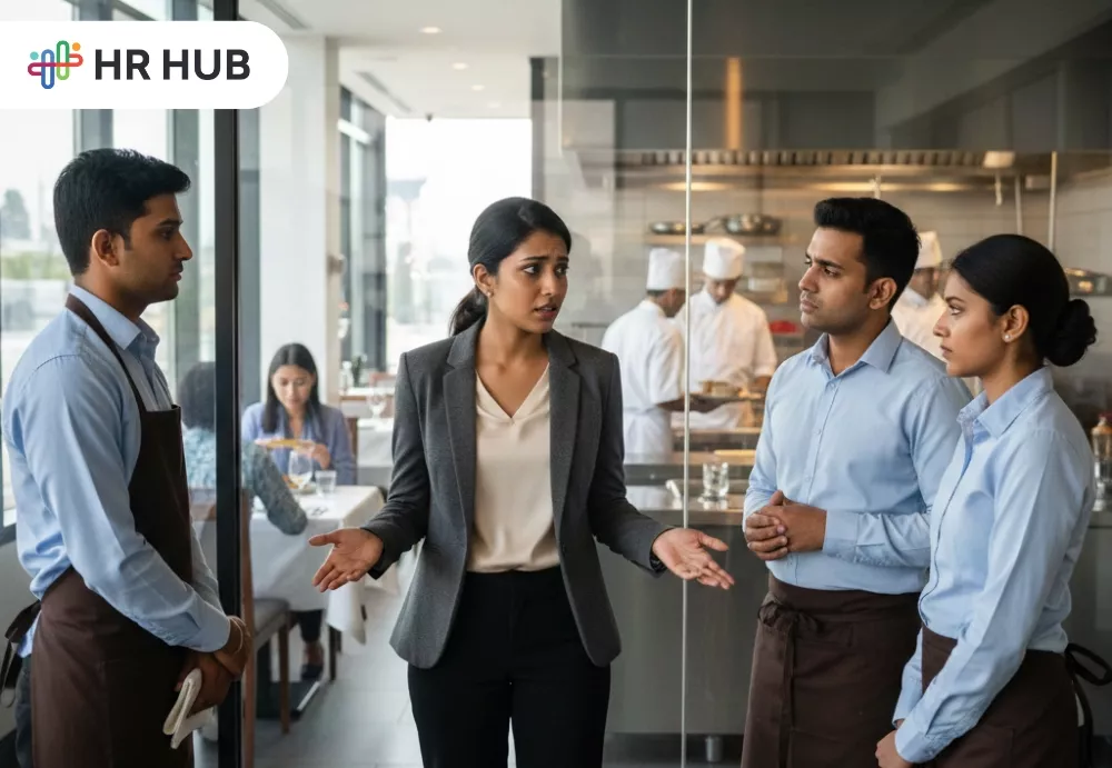Restaurant staff viewing digital shift schedules on an HR tech platform