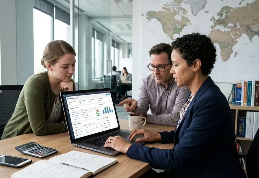HR manager reviewing global payroll reports while coordinating international employee payments